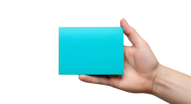 A hand presents a vibrant blank turquoise card, a pristine space offering fresh opportunity for your message, idea, or creative content