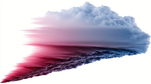An abstract digital art piece featuring a cloud-like formation with a gradient from pink to blue, exhibiting a glitch or pixelated effect, set against a clean w