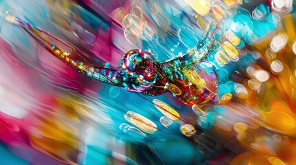An abstract, vibrant composition featuring swirling colors and bokeh lights, with a central, detailed figure resembling a creature or object.