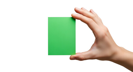 A human hand presents a vibrant blank green card, perfect for showcasing your unique message, creative design, or brand identity, isolated on a crisp white backdrop