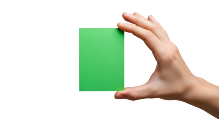A human hand presents a vibrant blank green card, perfect for showcasing your unique message, creative design, or brand identity, isolated on a crisp white backdrop