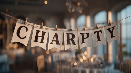 A decorative banner reading "CHARPTY" hangs in a warmly lit dining space, creating an inviting atmosphere for events or gatherings.