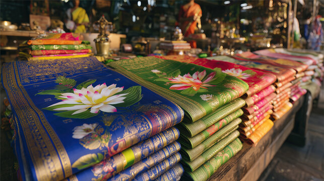 Brightly colored fabric displays showcasing Indian culture at a bustling market with vibrant textiles and intricate designs in the background