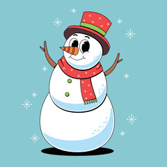 Cartoon Snowman with Red Scarf and Hat