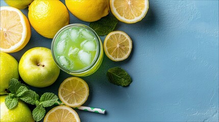 A glass of green juice with ice, surrounded by fresh green apples, sliced lemons, and mint leaves on a textured blue surface. Top-down view.
