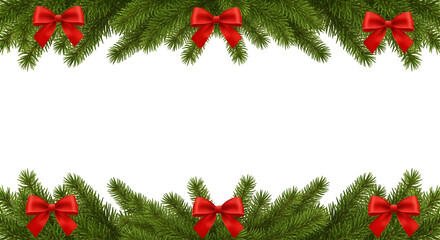 Lush green fir branches and bright red bows form a festive winter holiday border, ideal for Christmas greetings, seasonal banners, and elegant decorative designs