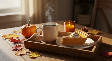 Cozy autumn morning with pumpkin pie, hot coffee and fall decor