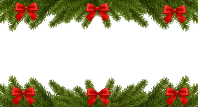 Lush green fir branches and bright red bows form a festive winter holiday border, ideal for Christmas greetings, seasonal banners, and elegant decorative designs
