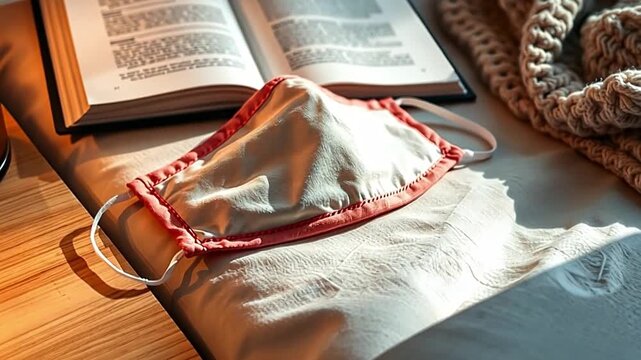 A still life with a face mask and an open book during the pandemic. A white feather floats down in slow motion. Covid-19 lockdown and new normal concept