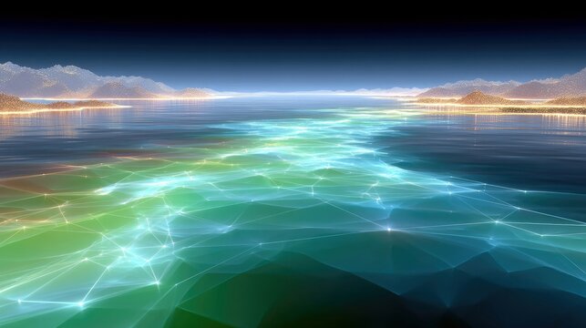 An abstract digital network of glowing lines and nodes overlays a calm body of water, stretching towards a distant shoreline with illuminated mountains under a - Powered by Adobe
