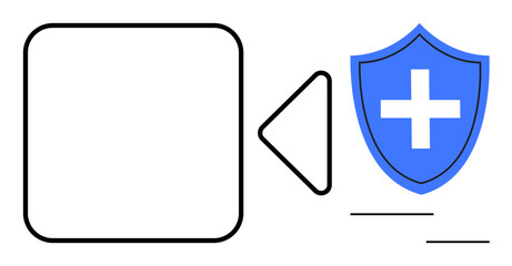 Obraz premium Video camera outline with adjacent blue shield and cross, symbolizing media security, health safety, digital privacy, data protection, healthcare, monitoring, and trust. A simple flat metaphor