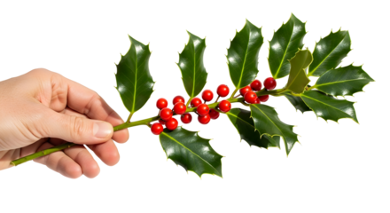 Close-up of a hand holding a vibrant green holly branch adorned with bright red berries, symbolizing festive cheer and winter holidays on a clean white background