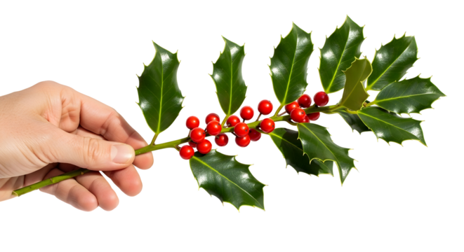 Close-up of a hand holding a vibrant green holly branch adorned with bright red berries, symbolizing festive cheer and winter holidays on a clean white background