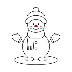 Cute snowman coloring page for kids in winter hat and scarf
