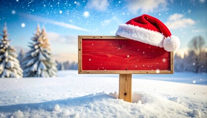 Santa hat on red signboard in snowy forest with blue sky.