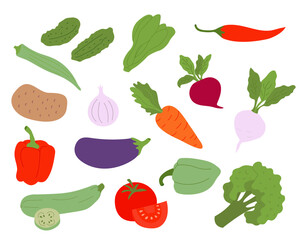 Colorful flat vegetables set on white background