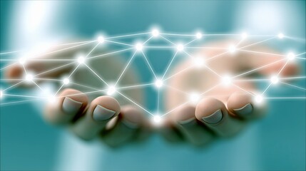 Close-up of two open hands cupped together, holding a luminous, interconnected network of dots and lines against a soft blue background. The lighting is bright
