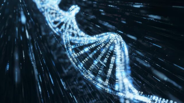 Digital Dna Helix Structure Rotating With Binary Data Stream Graphic