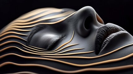 Close-up of a stylized human face with closed eyes and lips, featuring flowing gold lines across the dark, textured surface. The background is black, and the li