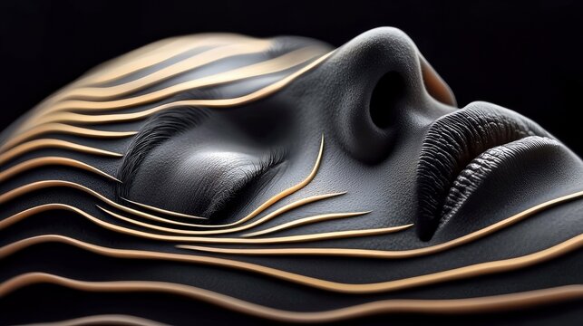 Close-up of a stylized human face with closed eyes and lips, featuring flowing gold lines across the dark, textured surface. The background is black, and the li
