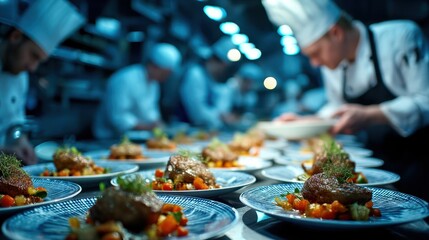 A bustling kitchen scene with chefs preparing gourmet dishes, showcasing elegantly plated food and vibrant ingredients in a dynamic culinary environment.