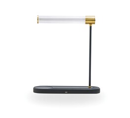 Modern LED desk lamp with USB charging port. Black and gold table lamp isolated on white background.