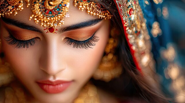 Close-up portrait of a young adult Indian woman wearing ornate gold jewelry and makeup, with her eyes closed and head bowed. The lighting is soft and warm. - Powered by Adobe