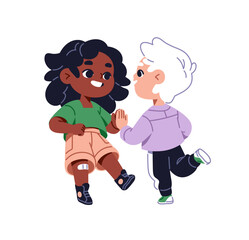 Happy little boy and girl dance together. Cute kids are dancing. Funny baby dancers move with music. Children celebrate success, winning. Flat isolated vector illustration on white background