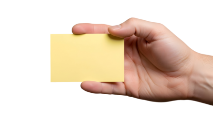 A human hand extends, presenting a clean, blank yellow business card or sticky note, ready for a new message, an important reminder, or a unique brand concept, isolated on white