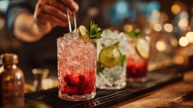 A bartender prepares colorful cocktails with ice, garnished with lime and mint, showcasing a vibrant nightlife atmosphere. - Powered by Adobe