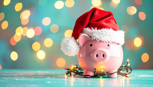 Piggy bank in Santa hat with Christmas lights on turquoise.