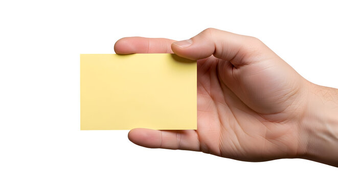 A human hand extends, presenting a clean, blank yellow business card or sticky note, ready for a new message, an important reminder, or a unique brand concept, isolated on white