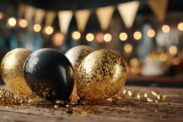 Colorful balloons in black and gold with glitter are arranged on a wooden table, surrounded by festive decorations, creating a joyful celebration atmosphere with copy space