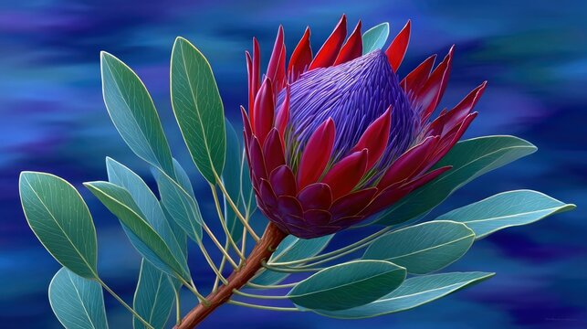 A close-up digital illustration of a King Protea flower with vibrant red outer petals and a fuzzy purple center, surrounded by muted green leaves against a deep