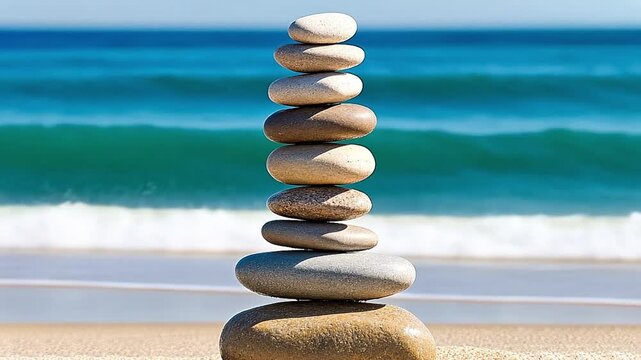 Stack of balanced stones on a sandy beach. Zen pebbles tower with the blue ocean in the background. Harmony and stability concept