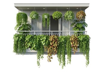 Lush green balcony garden with hanging plants isolated on white background