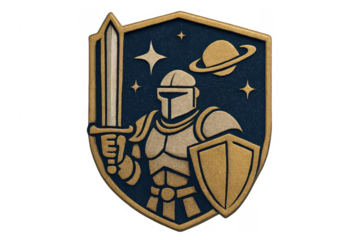 Space knight warrior wearing armor holding sword and shield emblem