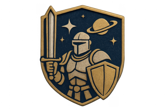 Space knight warrior wearing armor holding sword and shield emblem
