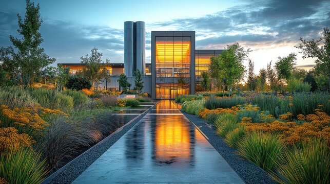 Modern building with glass facade reflecting sunset hues, pathway, greenery, and vibrant sky