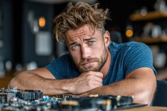 Young man with tousled hair and beard, resting chin on hand, surrounded by electronic components, showcasing a thoughtful expression in a modern workspace - Powered by Adobe