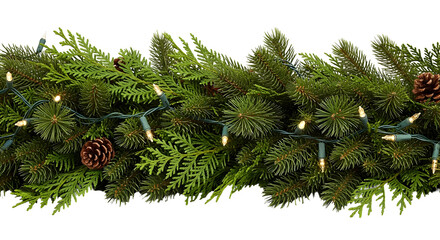 Lush evergreen holiday garland adorned with glowing string lights and natural pinecones, a festive winter decoration on white, ideal for seasonal designs