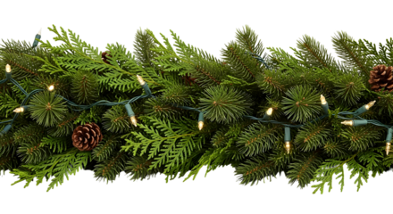 Lush evergreen holiday garland adorned with glowing string lights and natural pinecones, a festive winter decoration on white, ideal for seasonal designs
