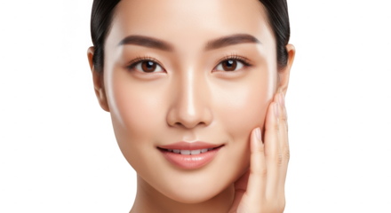 Closeup portrait of a young woman with smooth skin touching her cheek isolated on transparent background