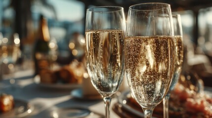 Two elegant champagne flutes filled with bubbly drink, set against a festive table backdrop, capturing a celebratory atmosphere.