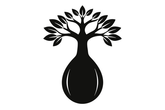 A unique black silhouette tree with a bulbous base stands centered on white