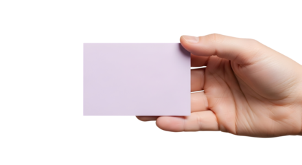 Close-up of a human hand presenting a blank light purple business card or note on a clean white background, offering customizable space for text or graphics for branding