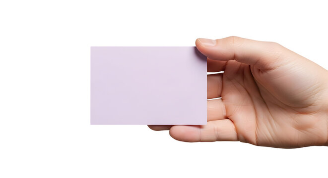 Close-up of a human hand presenting a blank light purple business card or note on a clean white background, offering customizable space for text or graphics for branding