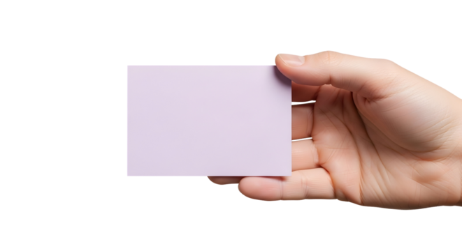 Close-up of a human hand presenting a blank light purple business card or note on a clean white background, offering customizable space for text or graphics for branding