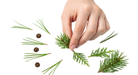 Delicate hand meticulously arranging fresh evergreen sprigs and natural pine cones, crafting a beautiful seasonal design on a pure white background, perfect for winter projects and festive adornments