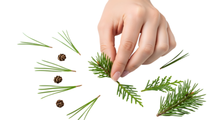 Delicate hand meticulously arranging fresh evergreen sprigs and natural pine cones, crafting a beautiful seasonal design on a pure white background, perfect for winter projects and festive adornments